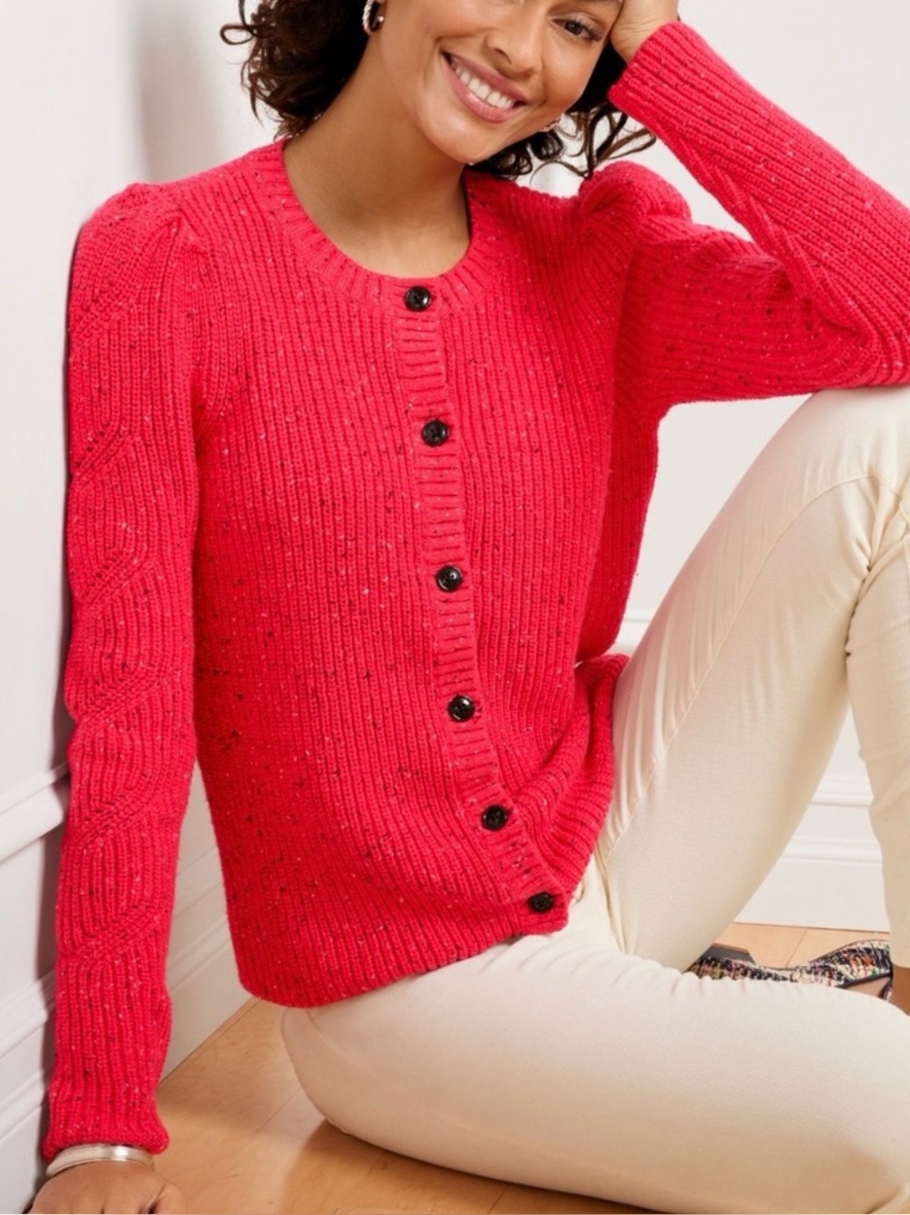 Talbots Puff Sleeve Tweed Button Up Sweater Cardigan Cotton Blend